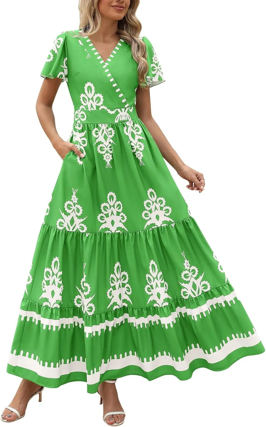 Womens Boho Maxi Dress Summer Casual Short Sleeve A Line Flowy Long V Neck Sundress Beach Vacation Dresses with Pockets