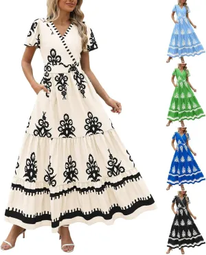Womens Boho Maxi Dress Summer Casual Short Sleeve A Line Flowy Long V Neck Sundress Beach Vacation Dresses with Pockets