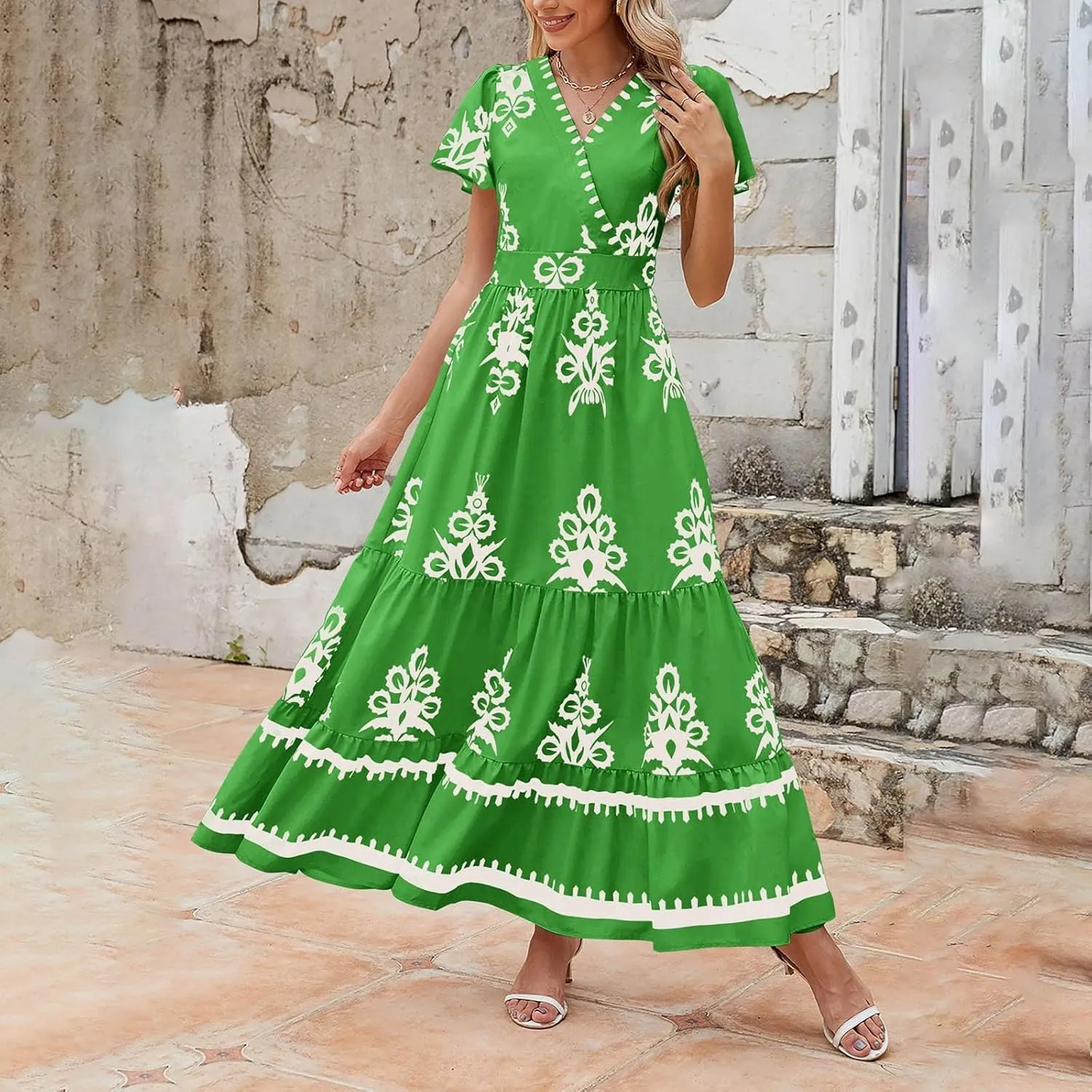 Womens Boho Maxi Dress Summer Casual Short Sleeve A Line Flowy Long V Neck Sundress Beach Vacation Dresses with Pockets