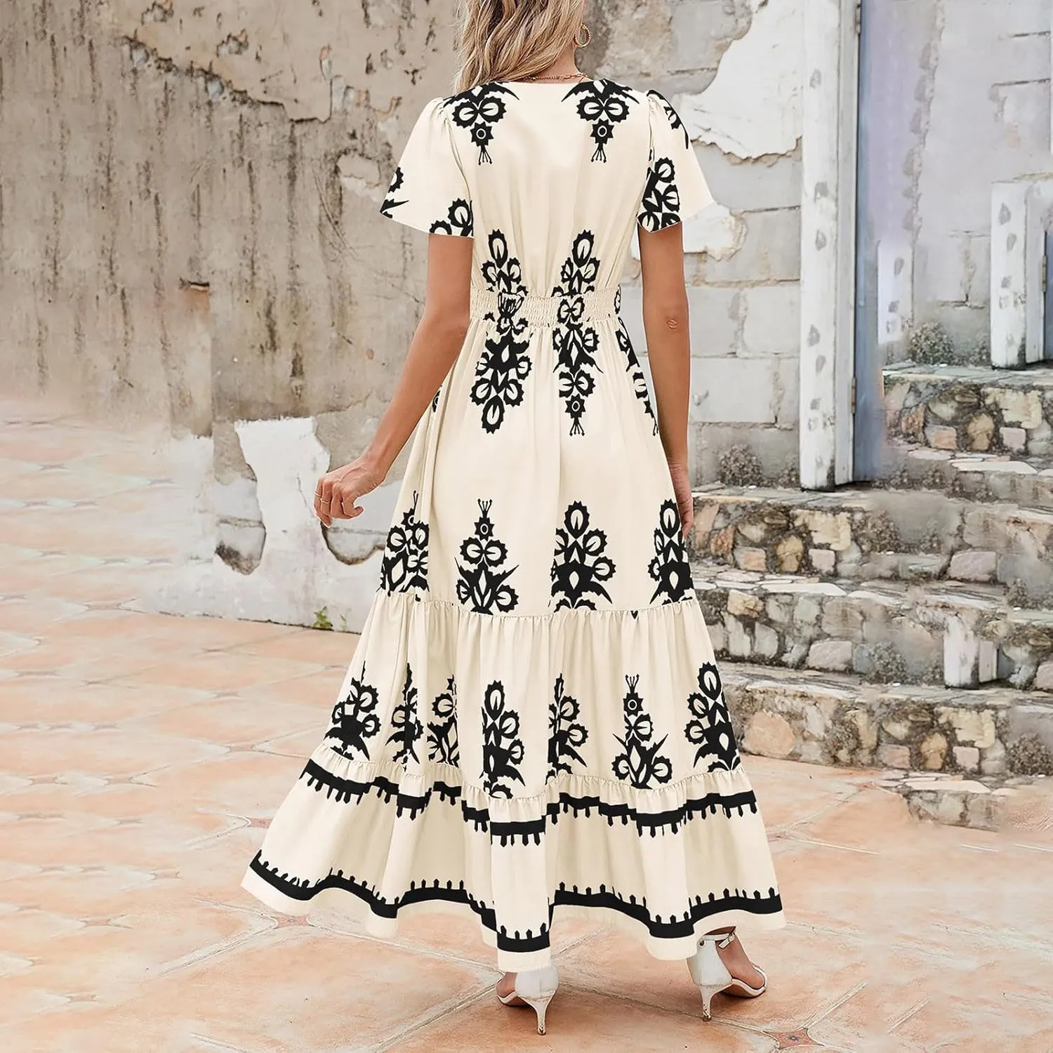 Womens Boho Maxi Dress Summer Casual Short Sleeve A Line Flowy Long V Neck Sundress Beach Vacation Dresses with Pockets