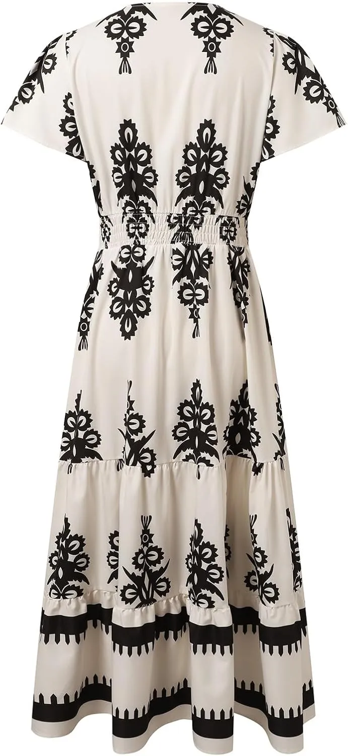 Womens Boho Maxi Dress Summer Casual Short Sleeve A Line Flowy Long V Neck Sundress Beach Vacation Dresses with Pockets