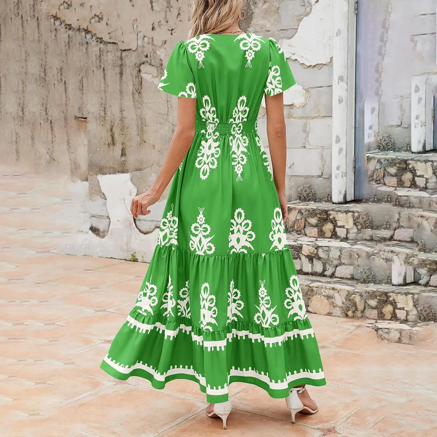 Womens Boho Maxi Dress Summer Casual Short Sleeve A Line Flowy Long V Neck Sundress Beach Vacation Dresses with Pockets
