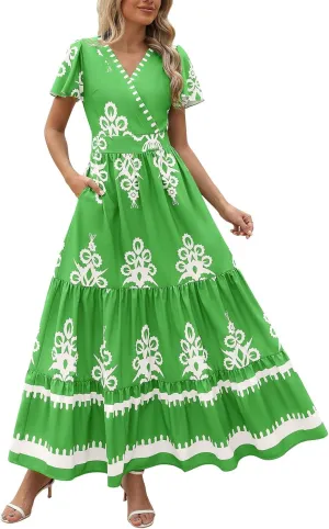 Womens Boho Maxi Dress Summer Casual Short Sleeve A Line Flowy Long V Neck Sundress Beach Vacation Dresses with Pockets