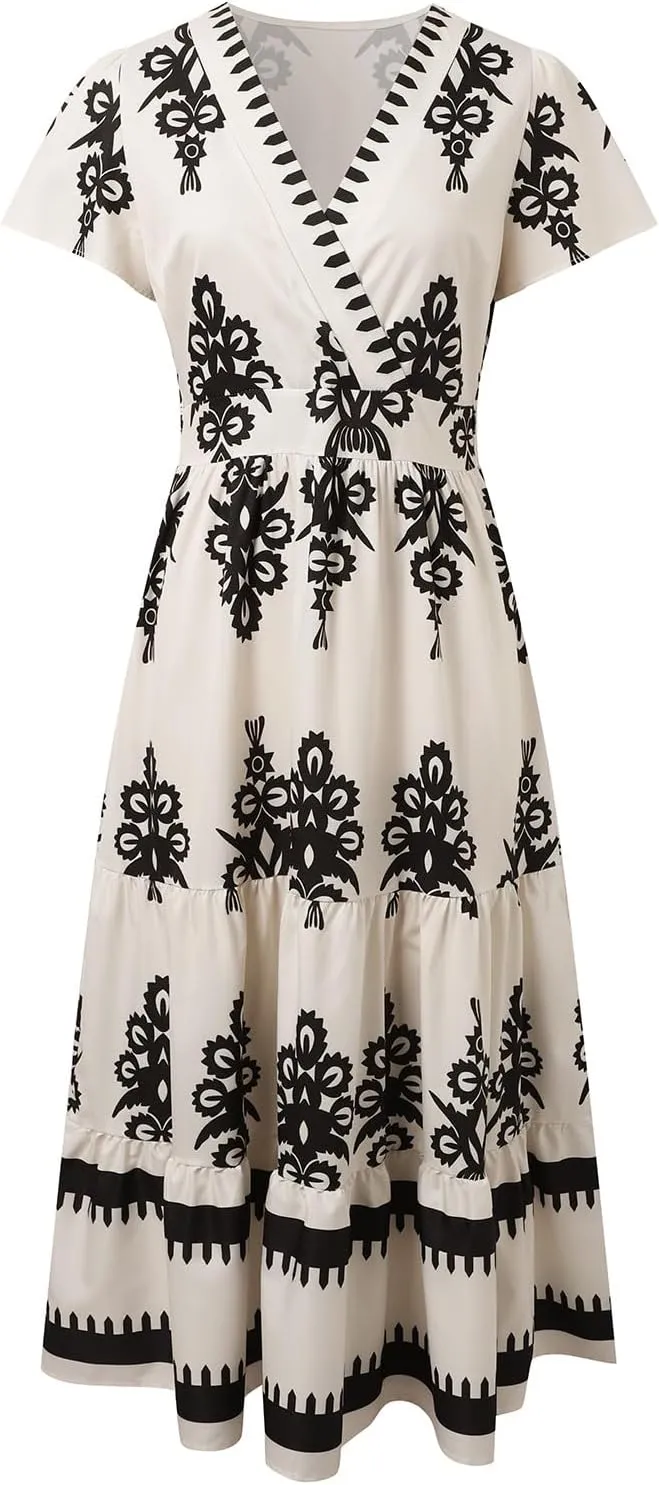 Womens Boho Maxi Dress Summer Casual Short Sleeve A Line Flowy Long V Neck Sundress Beach Vacation Dresses with Pockets