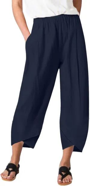 Women's Capri Linen Pants Drawstring Straight Leg 2025 Casual Summer Pants Loose Cropped Trouser