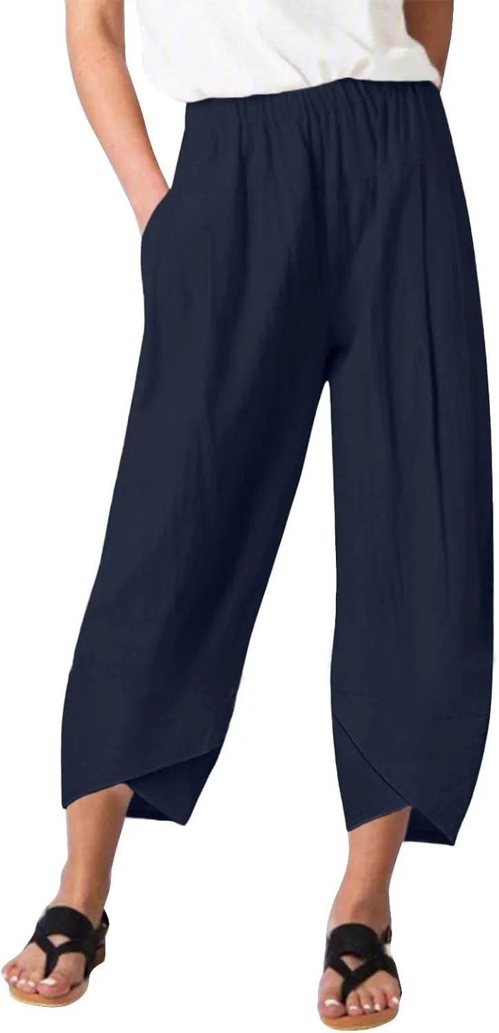 Women's Capri Linen Pants Drawstring Straight Leg 2025 Casual Summer Pants Loose Cropped Trouser