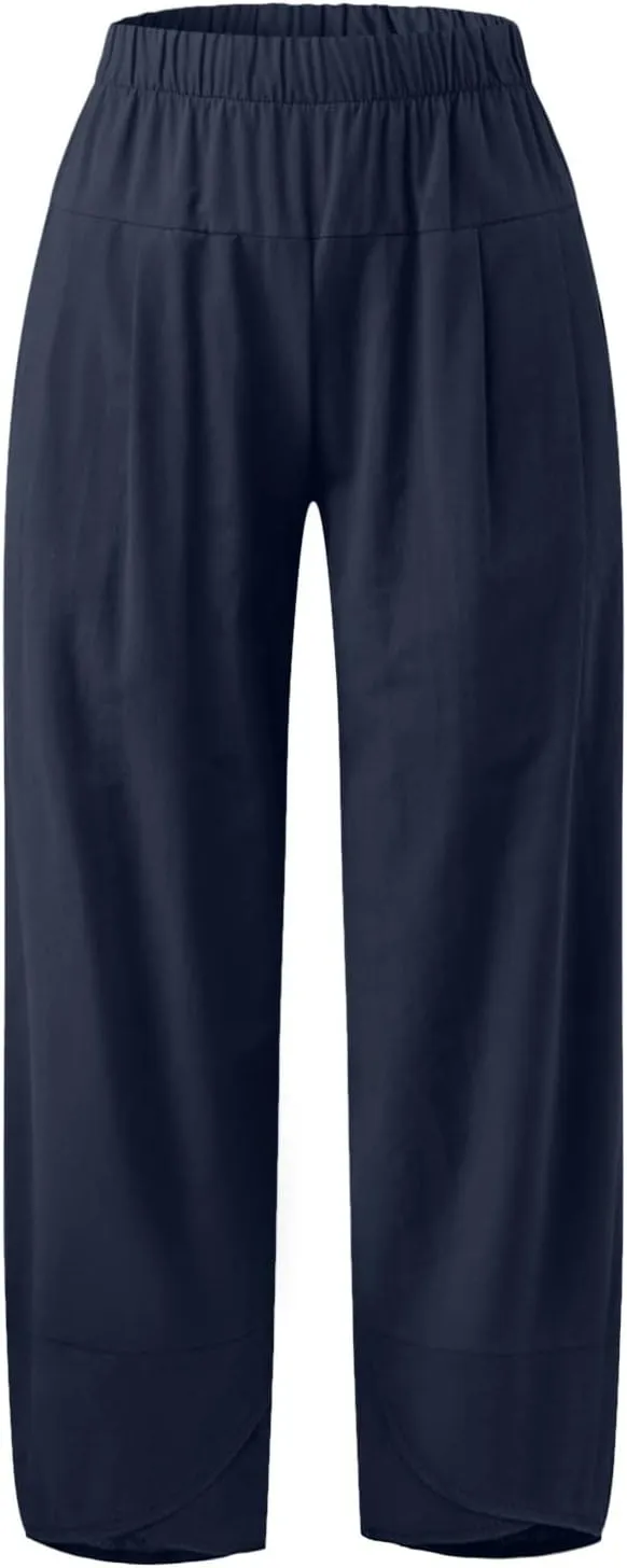 Women's Capri Linen Pants Drawstring Straight Leg 2025 Casual Summer Pants Loose Cropped Trouser