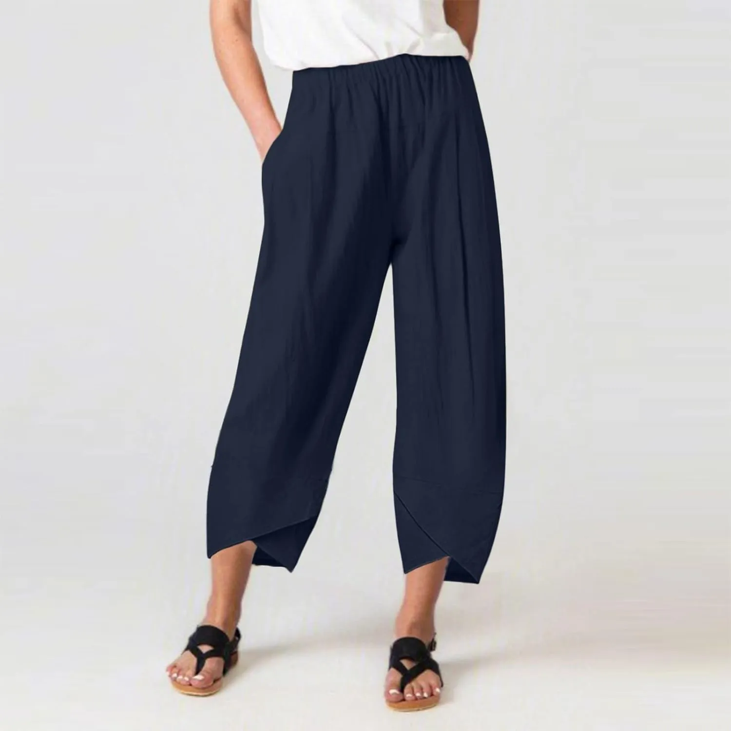 Women's Capri Linen Pants Drawstring Straight Leg 2025 Casual Summer Pants Loose Cropped Trouser