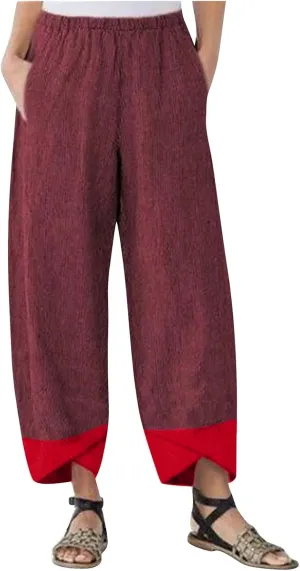 Women's Capri Pants Casual Summer Cotton Linen Cropped Tulip Lounge Trousers Comfy Baggy with Pockets Palazzo