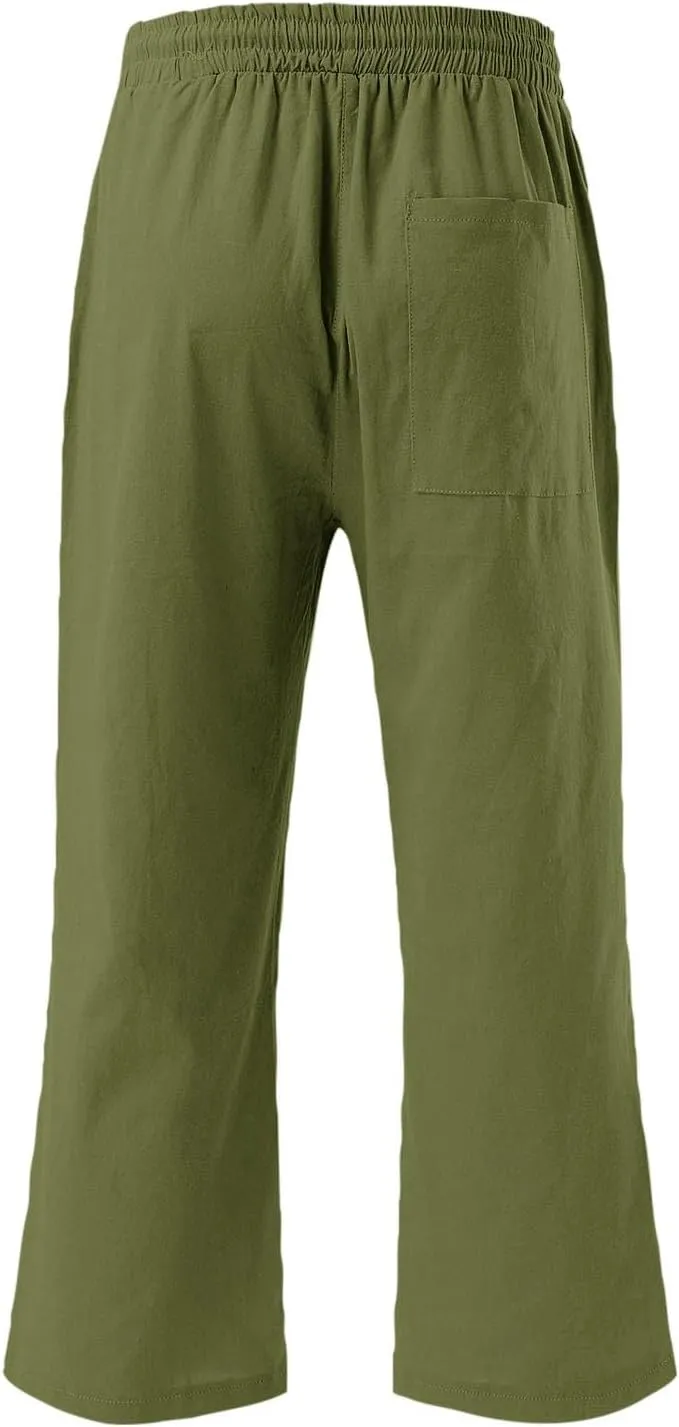 Womens Capri Pants Drawstring Elastic Waist Linen Pant Straight Wide Leg Cropped Pants Trouser with Pockets