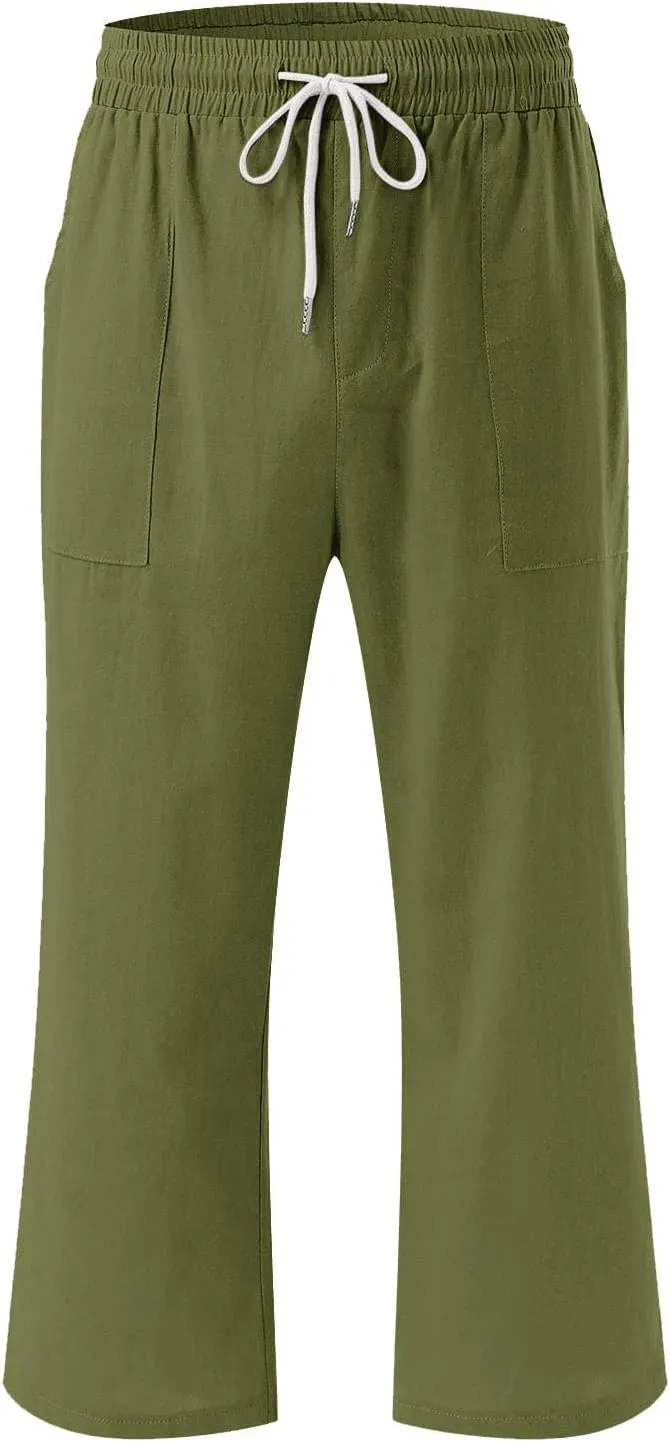 Womens Capri Pants Drawstring Elastic Waist Linen Pant Straight Wide Leg Cropped Pants Trouser with Pockets