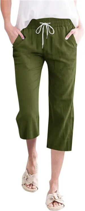 Womens Capri Pants Drawstring Elastic Waist Linen Pant Straight Wide Leg Cropped Pants Trouser with Pockets