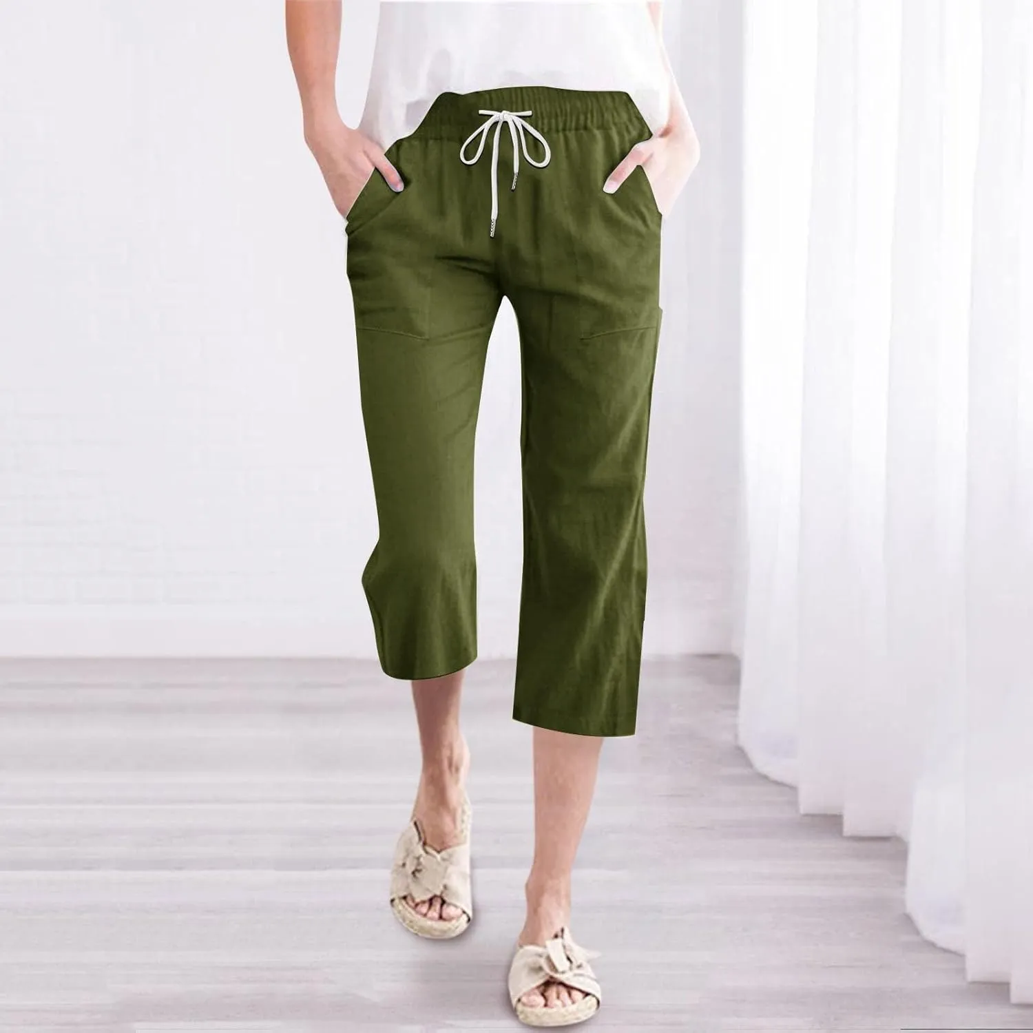 Womens Capri Pants Drawstring Elastic Waist Linen Pant Straight Wide Leg Cropped Pants Trouser with Pockets
