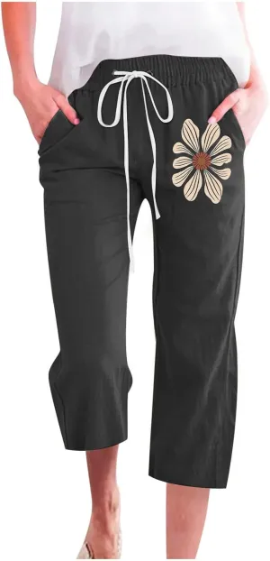Womens Capri Pants Linen 3/4 Pants Wide Leg Capris Lightweight Baggy Cropped Trousers Beach Outfits for Women