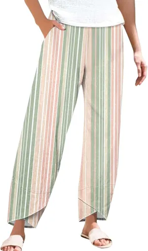 Women's Casual Boho Striped Graphic Cotton Linen High Waisted Cropped Pants Summer Beach Outdoor Fashion Trousers