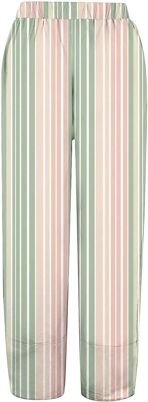 Women's Casual Boho Striped Graphic Cotton Linen High Waisted Cropped Pants Summer Beach Outdoor Fashion Trousers