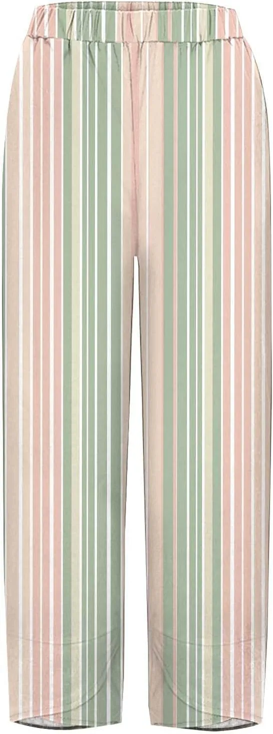 Women's Casual Boho Striped Graphic Cotton Linen High Waisted Cropped Pants Summer Beach Outdoor Fashion Trousers