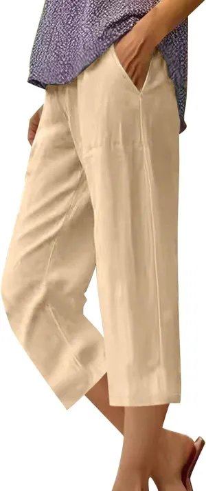Women's Casual Cotton Linen Capri Pants Boho Solid Elastic Waisted Drawstring Summer Spring Beach Baggy Capri