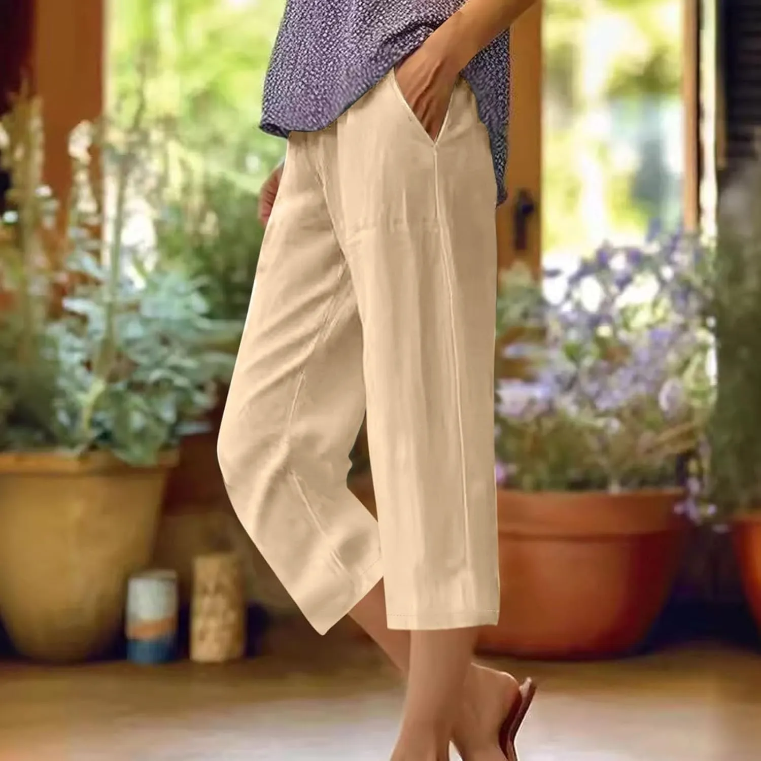 Women's Casual Cotton Linen Capri Pants Boho Solid Elastic Waisted Drawstring Summer Spring Beach Baggy Capri