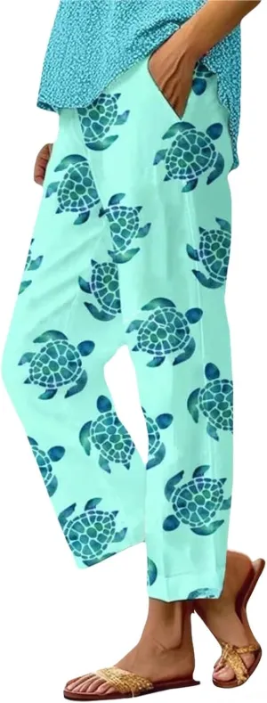 Women's Casual Cotton Linen Pants Boho Floral Printed Elastic Waist Drawstring Summer Beach Baggy Capri with Pockets
