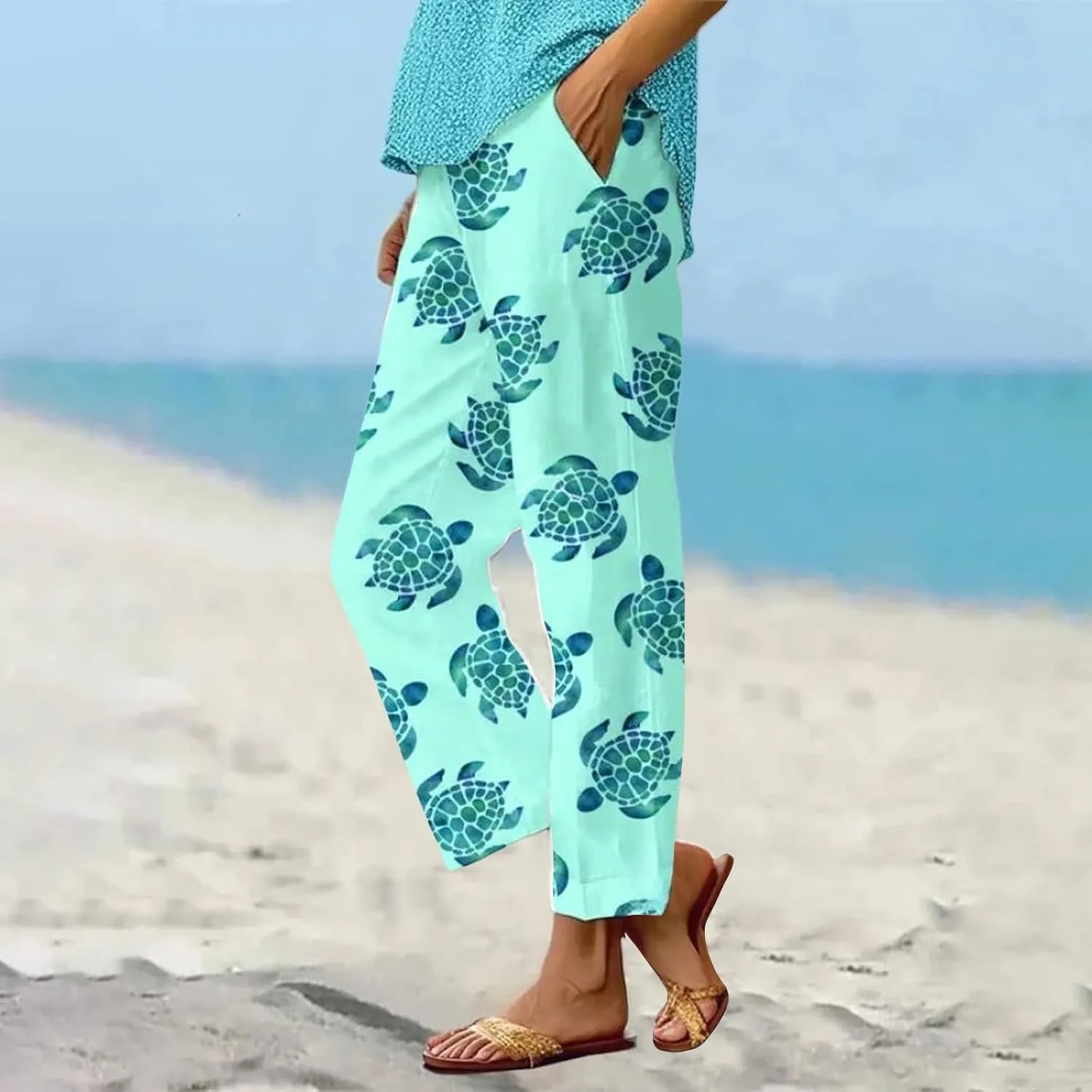 Women's Casual Cotton Linen Pants Boho Floral Printed Elastic Waist Drawstring Summer Beach Baggy Capri with Pockets