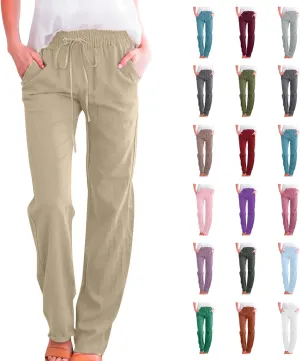 Women's Casual Cotton Linen Pants Lightweight Summer Elastic Waist Straight Leg Lounge Long Trousers with Pockets