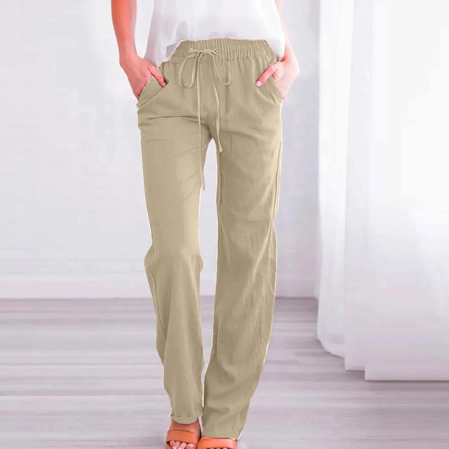 Women's Casual Cotton Linen Pants Lightweight Summer Elastic Waist Straight Leg Lounge Long Trousers with Pockets