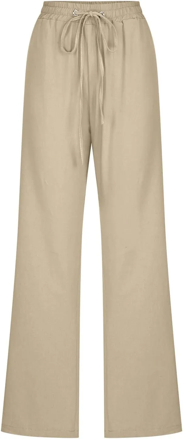 Women's Casual Cotton Linen Pants Lightweight Summer Elastic Waist Straight Leg Lounge Long Trousers with Pockets