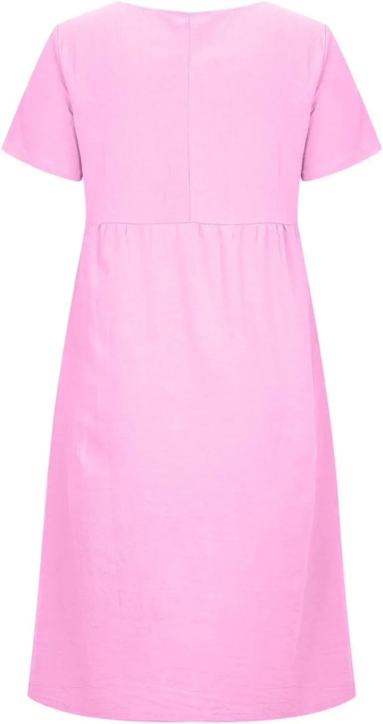 Women's Casual Dresses Summer Loose Trendy Short Sleeve Round Neck Solid Color Vacation Linen Dress, M-XL