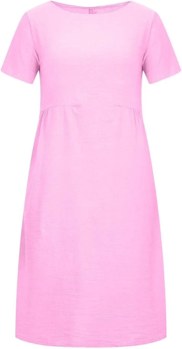 Women's Casual Dresses Summer Loose Trendy Short Sleeve Round Neck Solid Color Vacation Linen Dress, M-XL