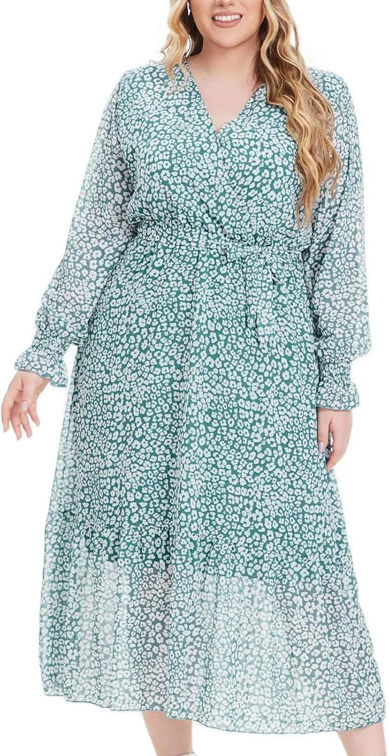Women's Casual Dresses Summer Plus Size Chiffon Vacation Midi Dress Trendy Wrap V Neck Long Sleeve Beach Dresses