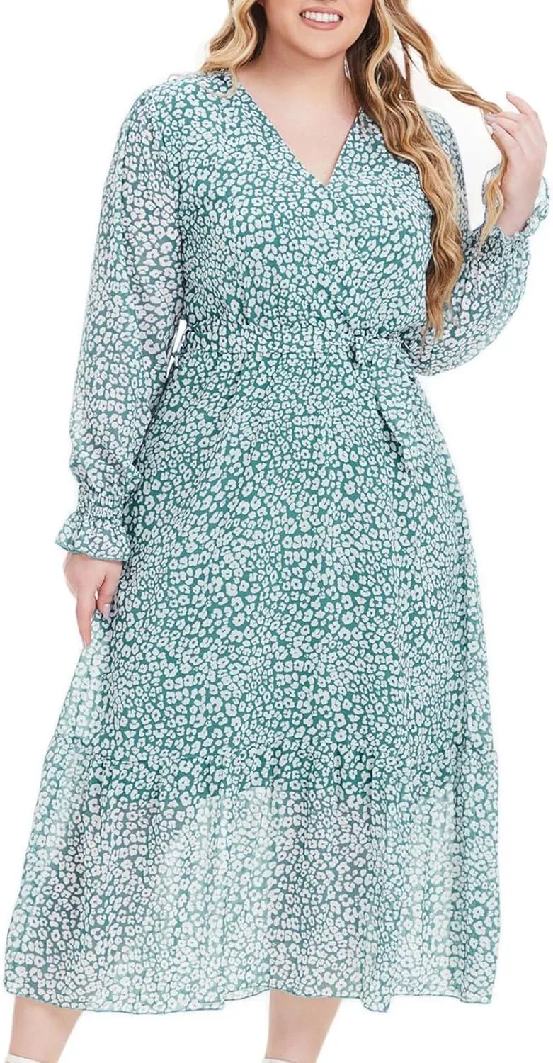 Women's Casual Dresses Summer Plus Size Chiffon Vacation Midi Dress Trendy Wrap V Neck Long Sleeve Beach Dresses