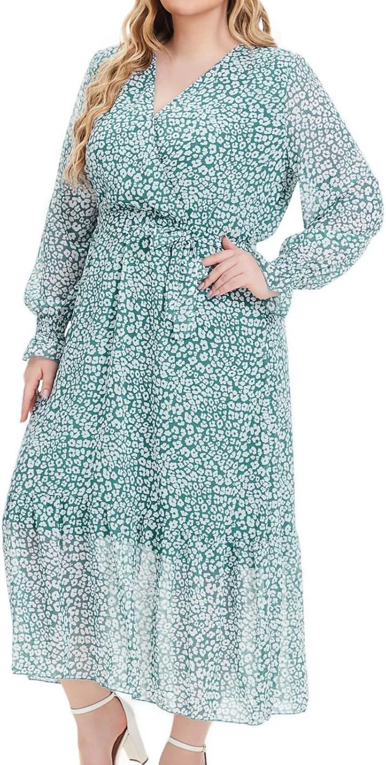Women's Casual Dresses Summer Plus Size Chiffon Vacation Midi Dress Trendy Wrap V Neck Long Sleeve Beach Dresses