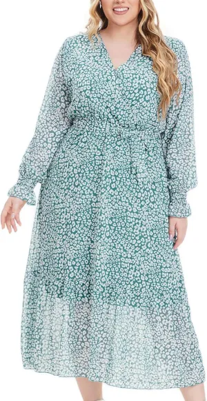 Women's Casual Dresses Summer Plus Size Chiffon Vacation Midi Dress Trendy Wrap V Neck Long Sleeve Beach Dresses