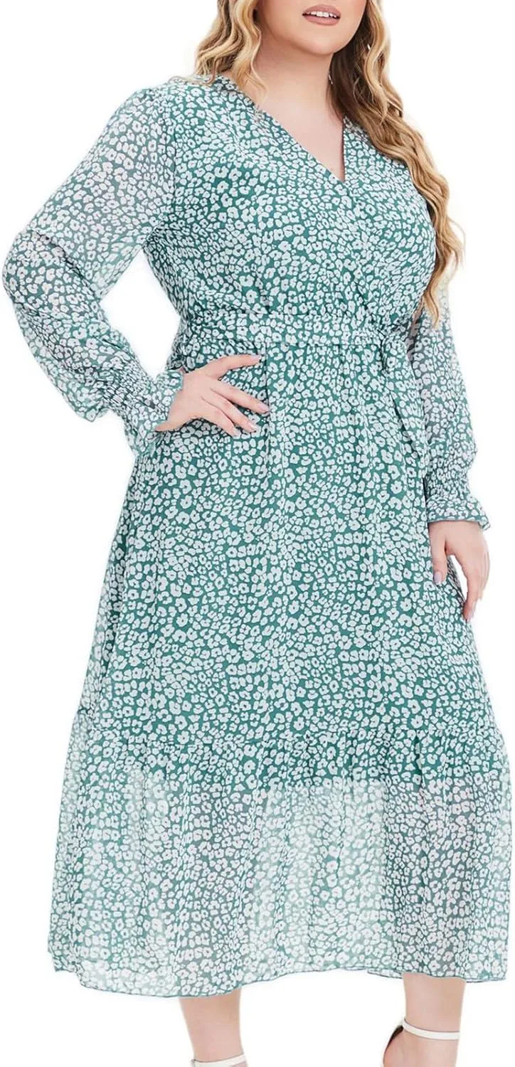 Women's Casual Dresses Summer Plus Size Chiffon Vacation Midi Dress Trendy Wrap V Neck Long Sleeve Beach Dresses