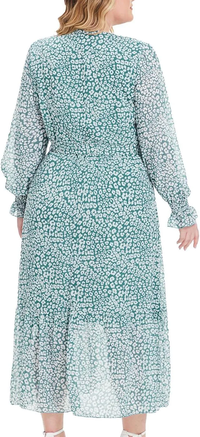 Women's Casual Dresses Summer Plus Size Chiffon Vacation Midi Dress Trendy Wrap V Neck Long Sleeve Beach Dresses