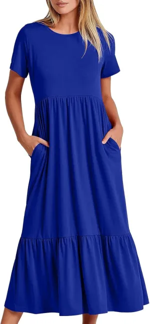 Women's Casual Elegant Long Dresses Summer Short Sleeve Crewneck Dress Flowy Tiered Maxi Beach Dress with Pockets