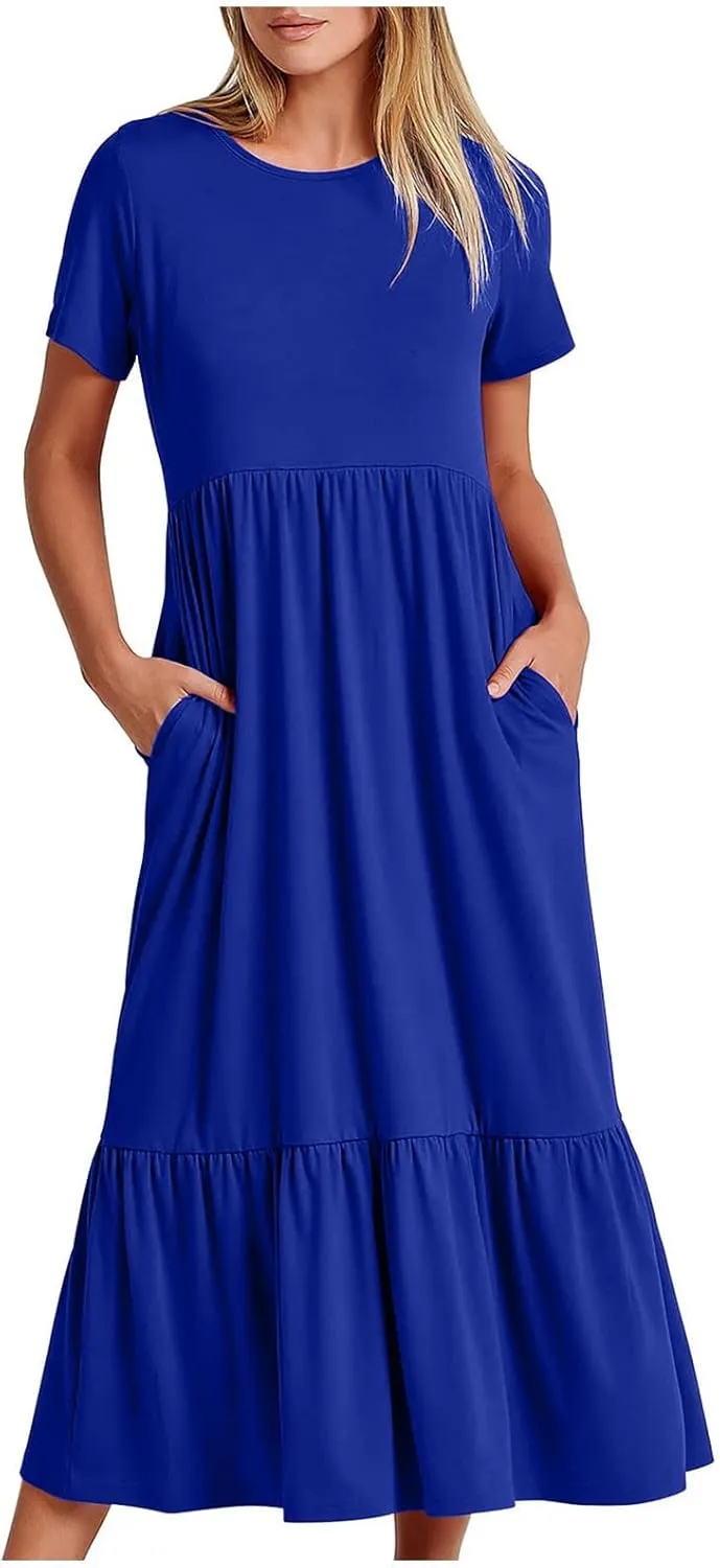 Women's Casual Elegant Long Dresses Summer Short Sleeve Crewneck Dress Flowy Tiered Maxi Beach Dress with Pockets