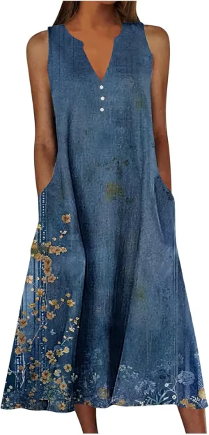 Womens Casual Floral Print Midi Dress Button V Neck Sleeveless Tank Dresses Summer Flowy Boho Beach Party Sundress
