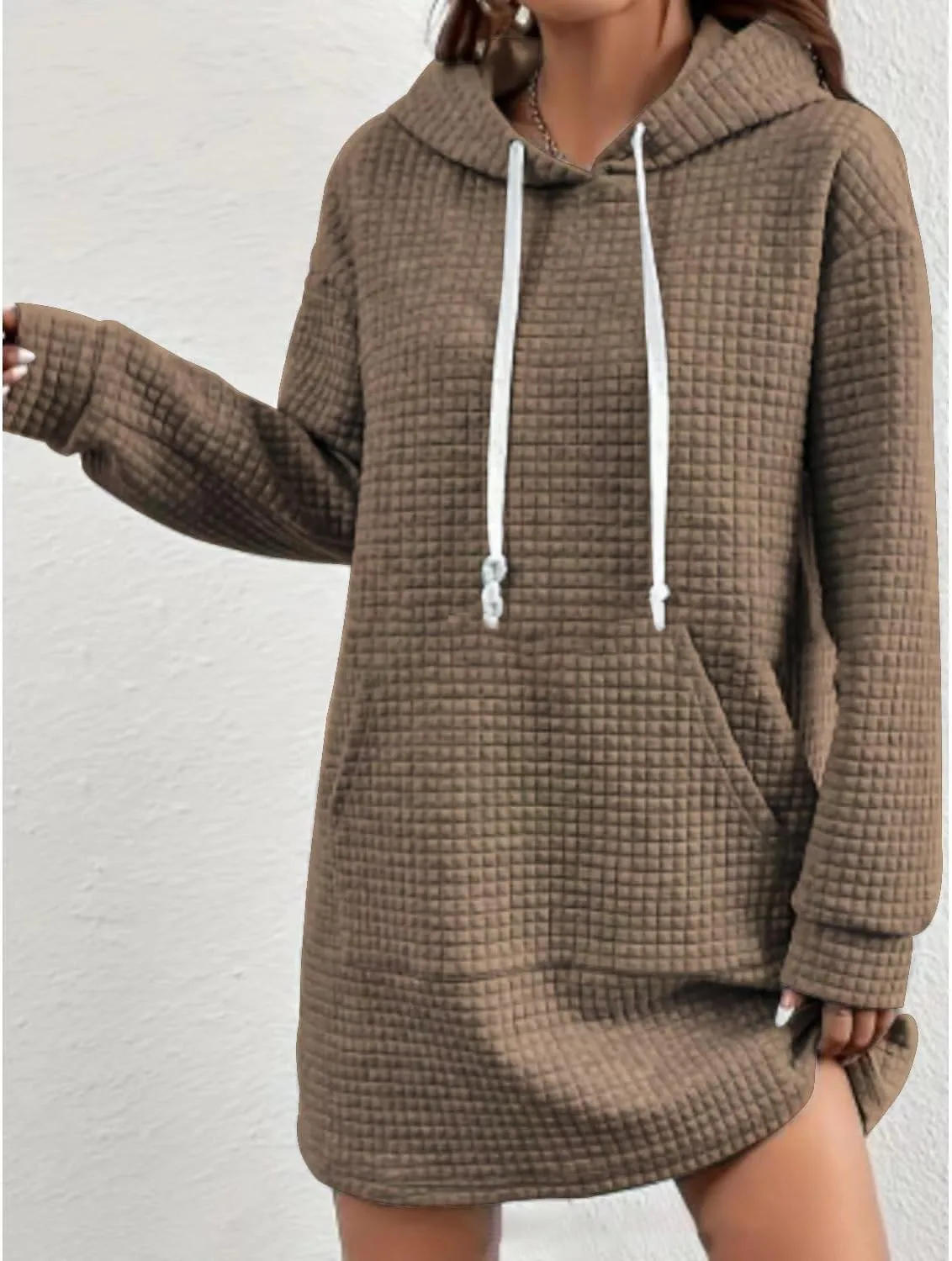 Women's Casual Hoodie Dress 2025 Oversized Pullover Textured Hooded Sweatshirts Dresses with Kangaroo Pocket