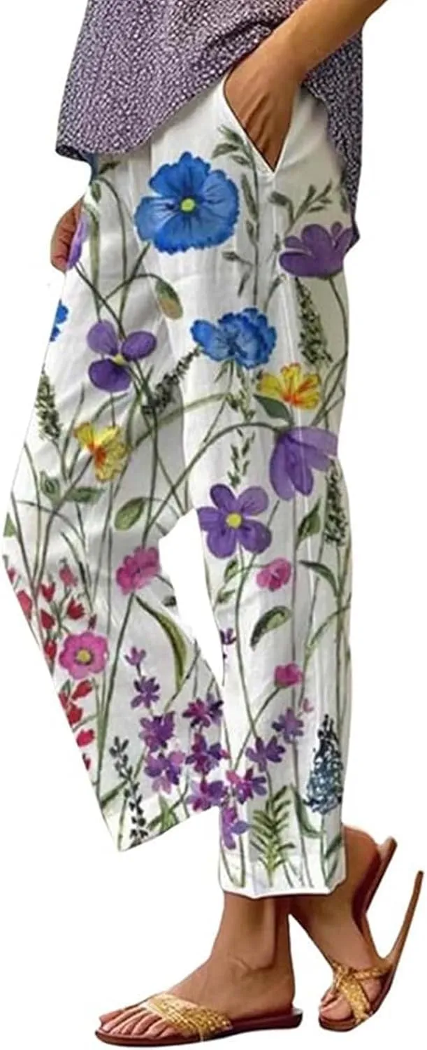 Womens Casual Linen High Waist Pants Pants Drawstring Elastic Waist Women Wide Leg Linen Petite Palazzo