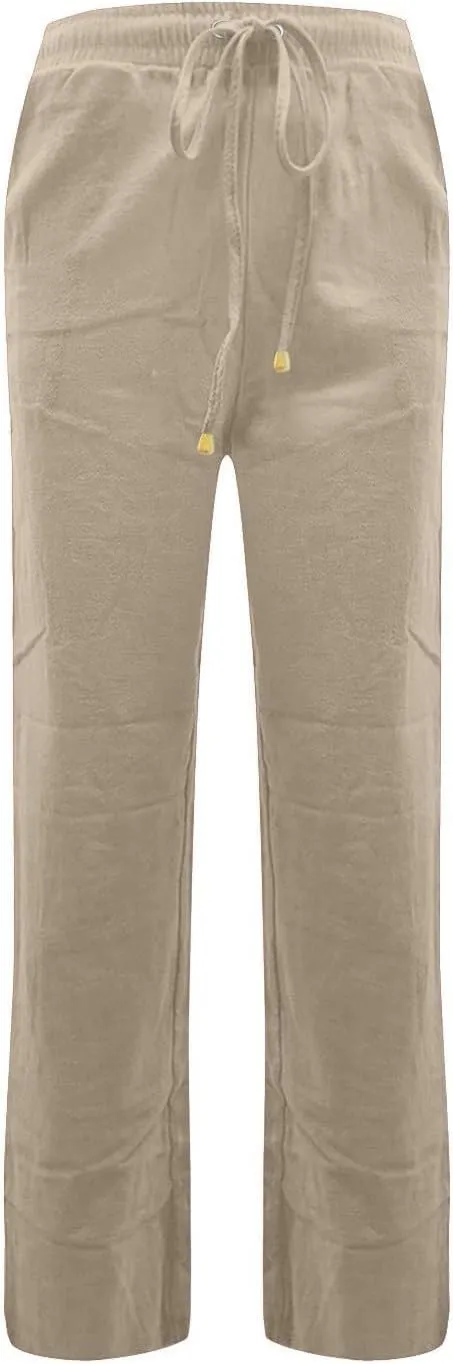 Womens Casual Linen Pants 2025 High Waist Drawstring Loose Fit Solid Summer Pants Trousers with Side Pockets
