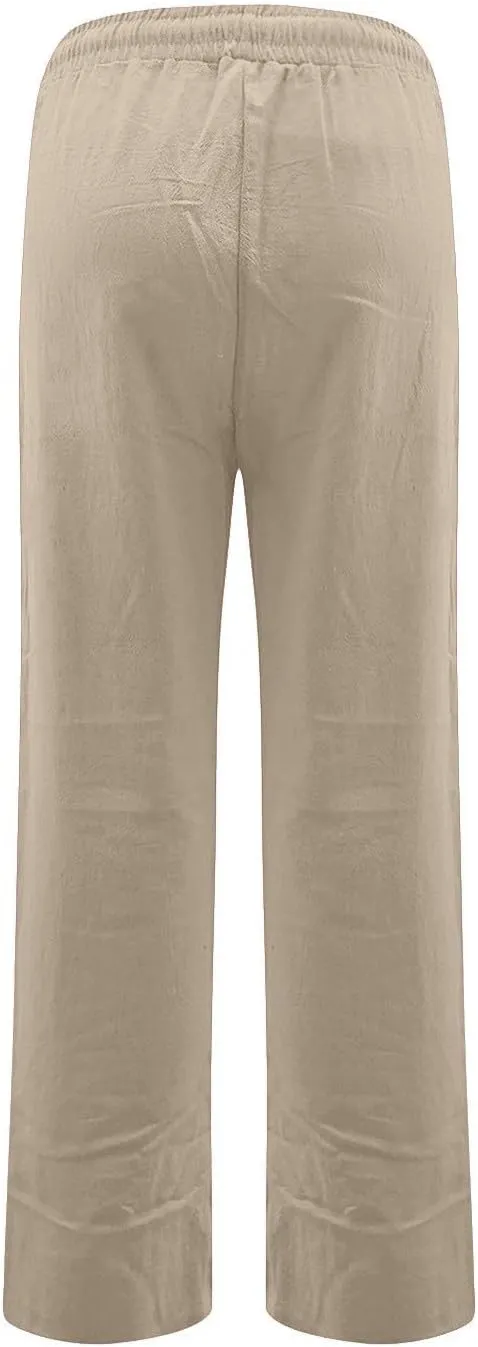 Womens Casual Linen Pants 2025 High Waist Drawstring Loose Fit Solid Summer Pants Trousers with Side Pockets