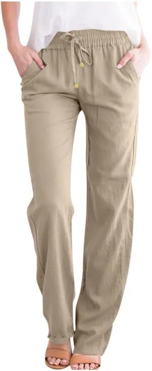 Womens Casual Linen Pants 2025 High Waist Drawstring Loose Fit Solid Summer Pants Trousers with Side Pockets
