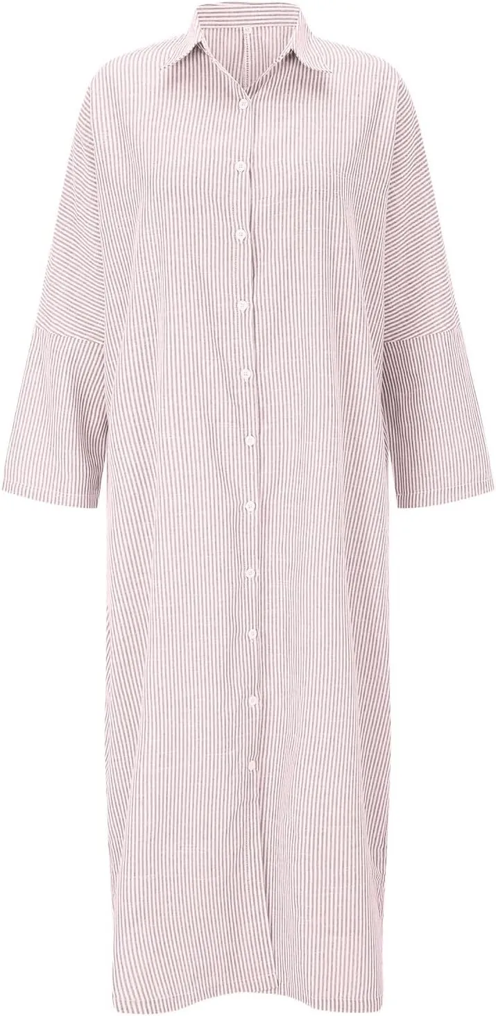 Womens Casual Long Sleeve Button Down Loose Striped Cotton Maxi Shirt Dress Sundress Split Maxi Long Beach Dress Shirt Dress