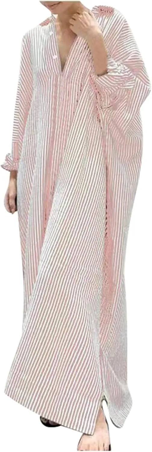 Womens Casual Long Sleeve Button Down Loose Striped Cotton Maxi Shirt Dress Sundress Split Maxi Long Beach Dress Shirt Dress