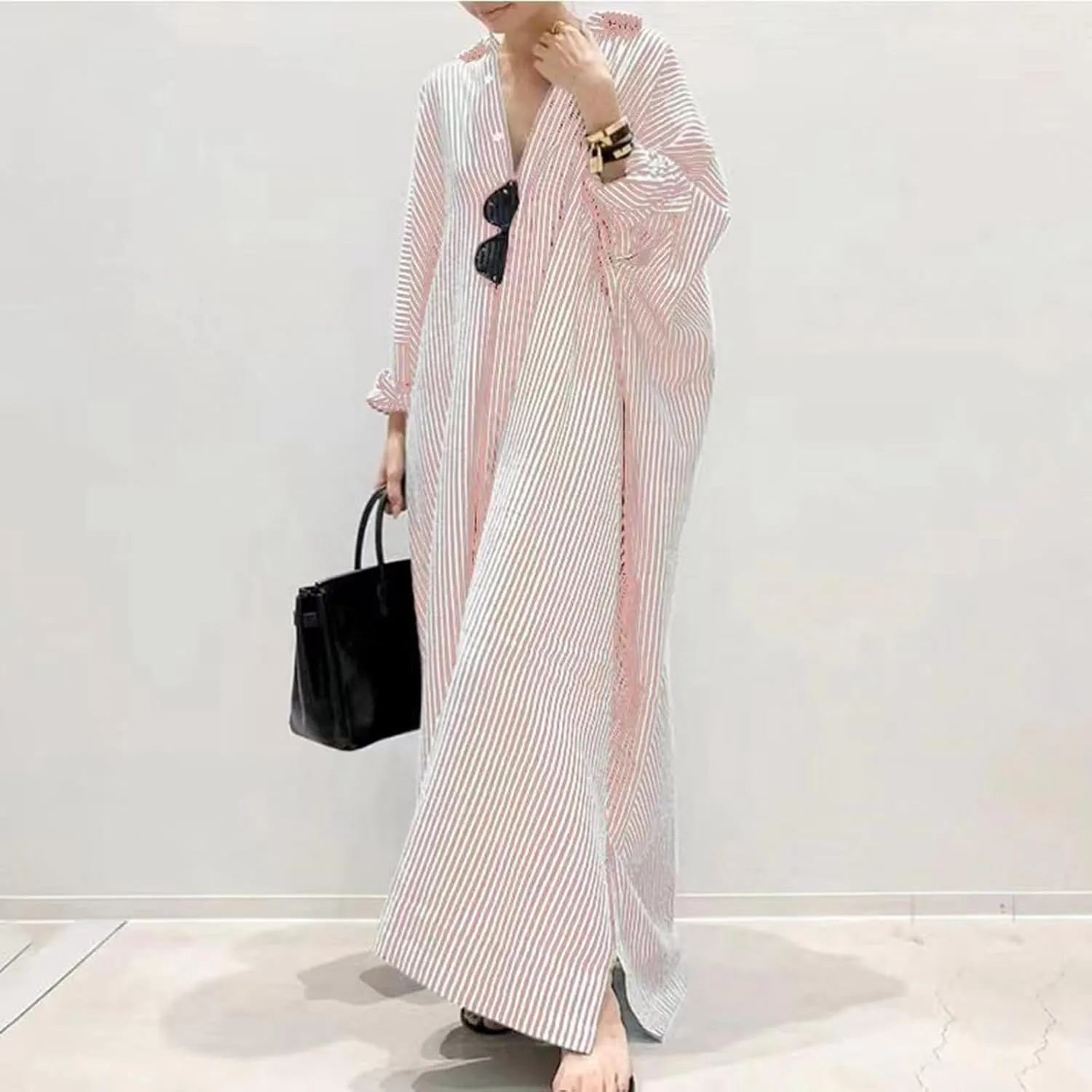 Womens Casual Long Sleeve Button Down Loose Striped Cotton Maxi Shirt Dress Sundress Split Maxi Long Beach Dress Shirt Dress