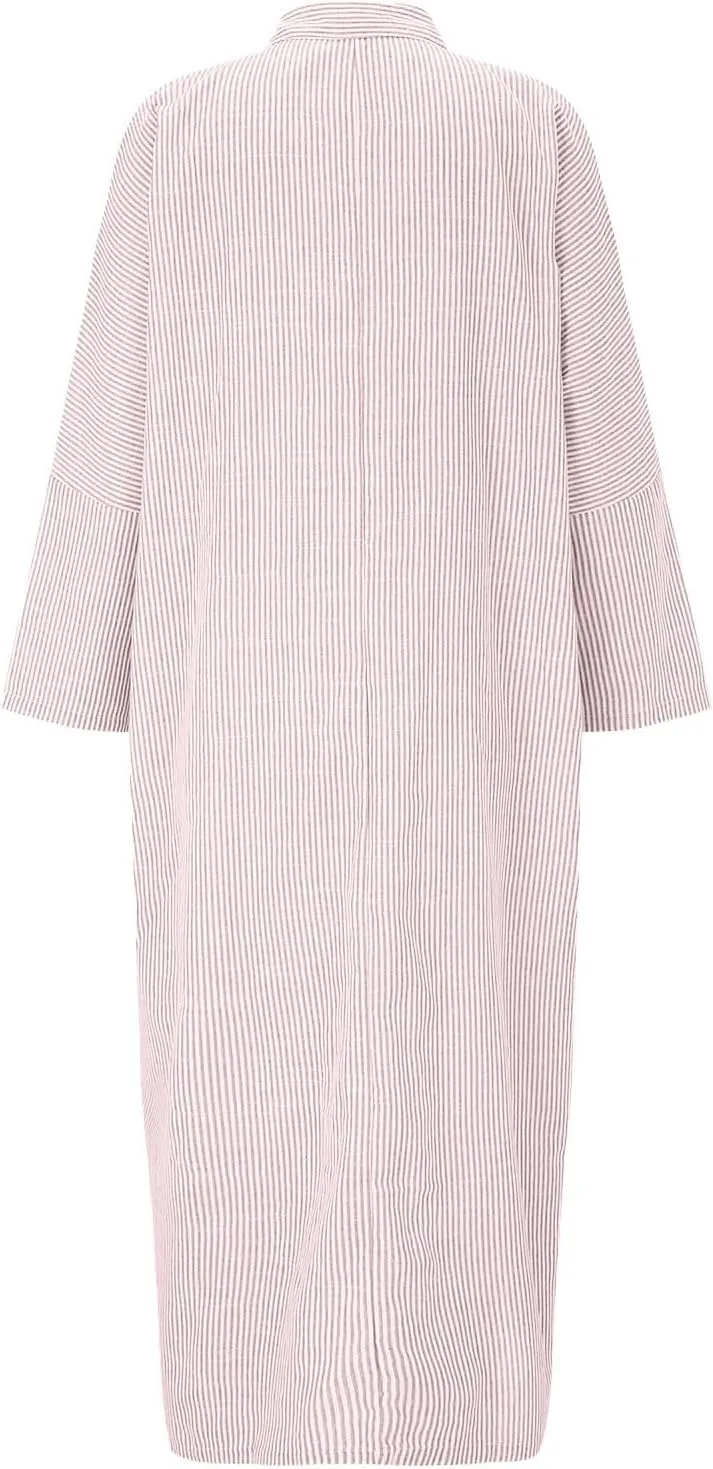 Womens Casual Long Sleeve Button Down Loose Striped Cotton Maxi Shirt Dress Sundress Split Maxi Long Beach Dress Shirt Dress