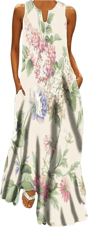Womens Casual Loose Printed Tank Dress Summer Beach V-Neck Pocket Sundress Sleeveless Floor Length Dresses