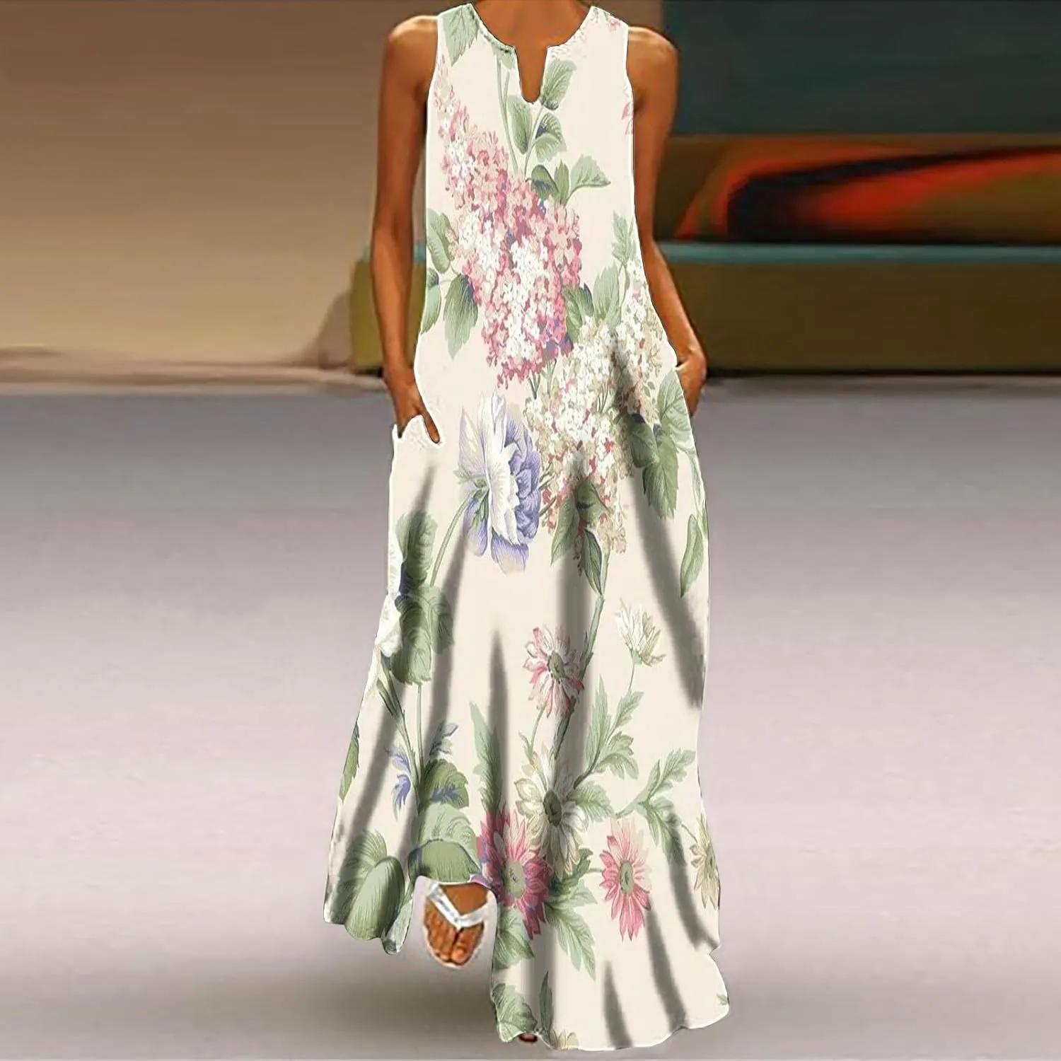 Womens Casual Loose Printed Tank Dress Summer Beach V-Neck Pocket Sundress Sleeveless Floor Length Dresses
